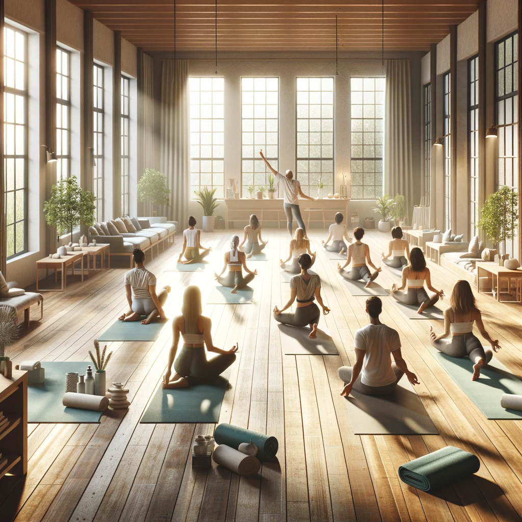DALL·E 2024-01-24 14.08.35 - An inviting and peaceful image suitable for a website's homepage section, showcasing a yoga and stretching class. The image depicts a spacious, well-l