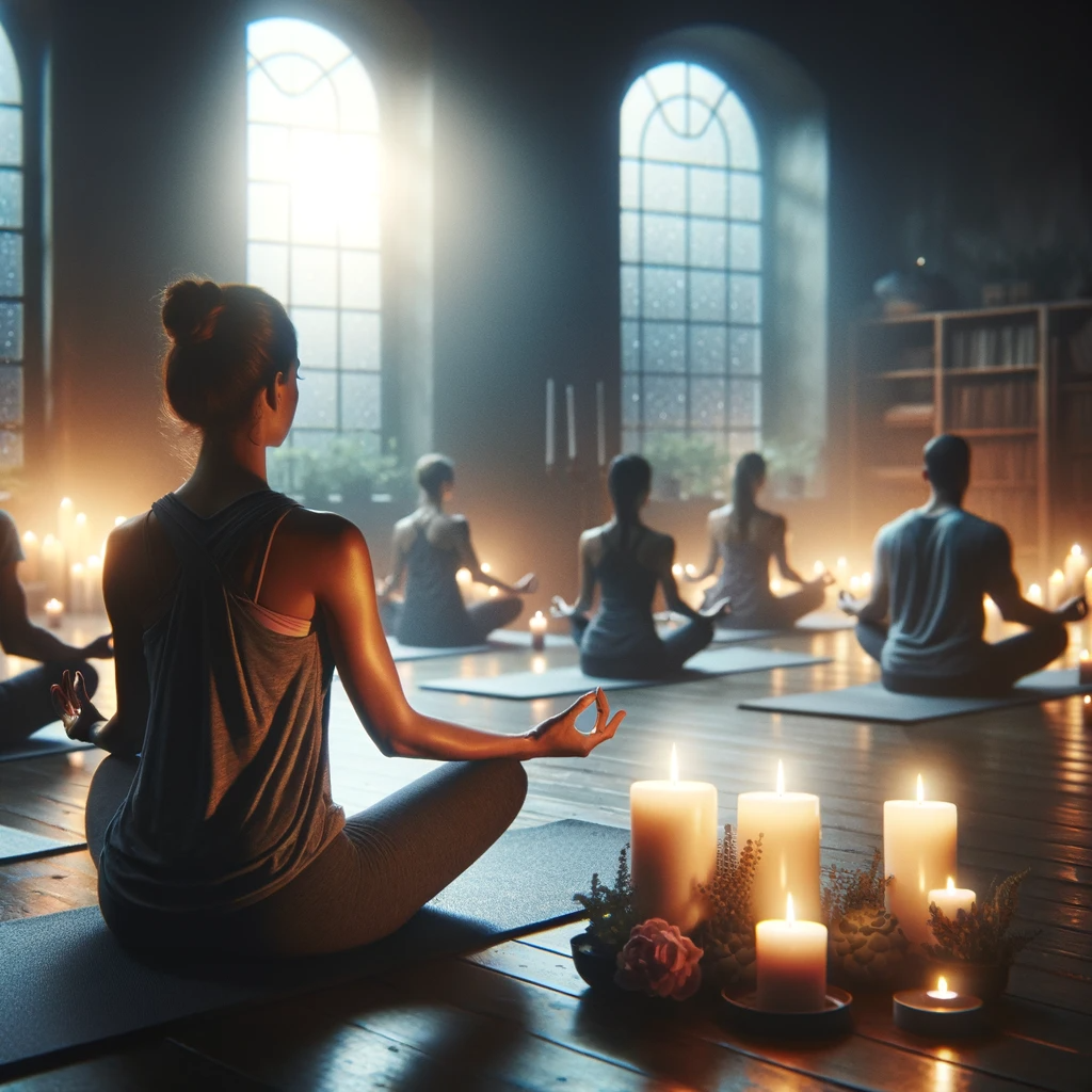 DALL·E 2024-01-24 14.11.33 - A calming image for a yoga class focused on relaxation and meditation. The scene shows a serene environment with dimmed lights and candles, a group of