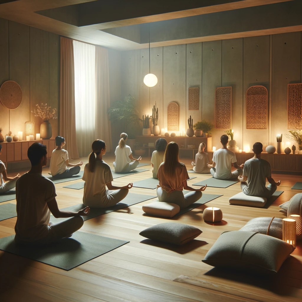DALL·E 2024-01-24 14.19.02 - An image showcasing a meditation and relaxation class in a yoga studio. The room is dimly lit with a serene ambiance, featuring soft colors and minima