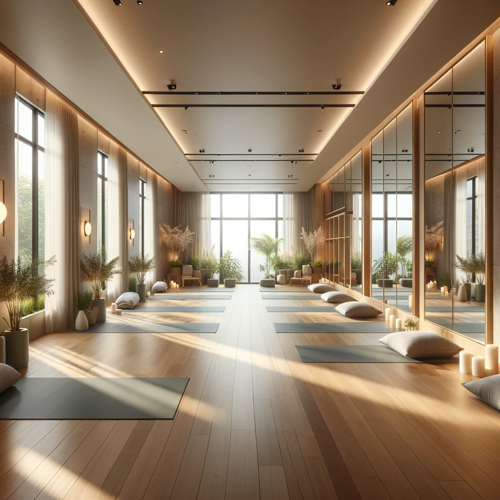 DALL·E 2024-01-24 14.19.09 - An image of a spacious and serene yoga studio. The studio is filled with natural light, wooden floors, and large mirrors on the walls. The space is de